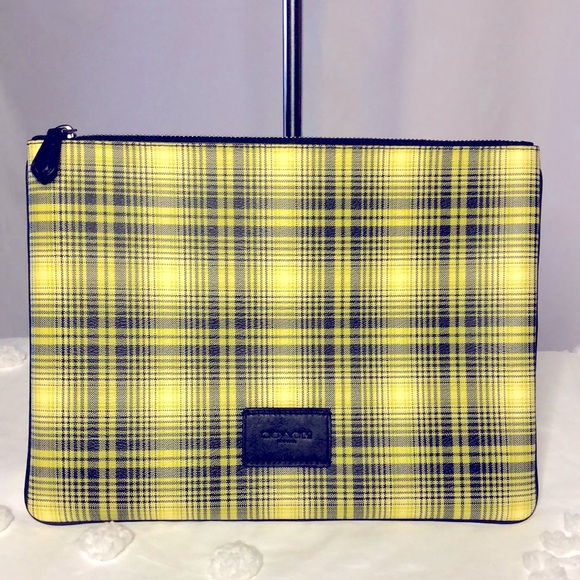 COACH F41349 Neon yellow plaid print coated canvas large clutch/pouch. - Picture 1 of 7